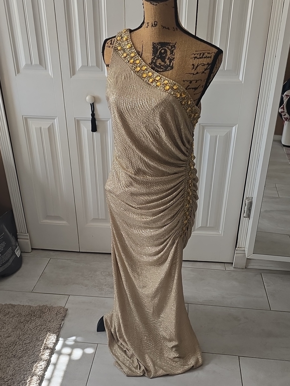 Betsy & Adam Gold One-Shoulder Ruched Evening Gown with Jeweled Strap